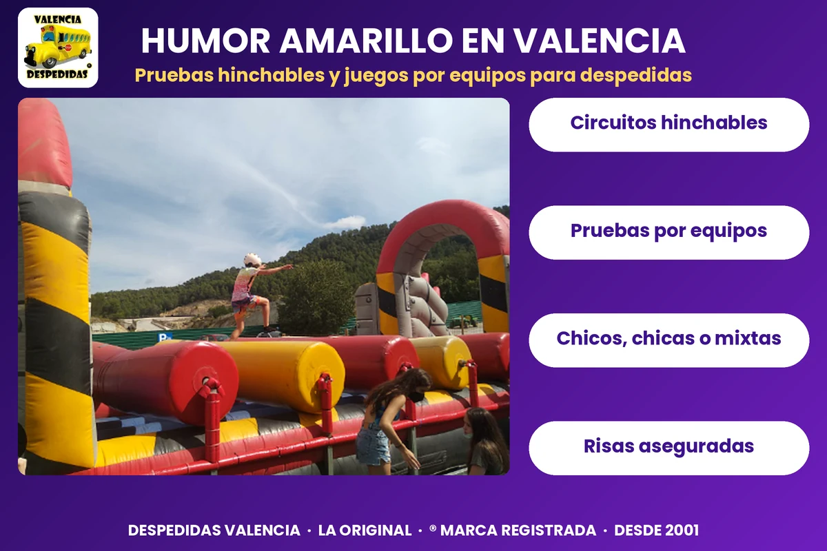 Circuito hinchable de Humor Amarillo en Valencia, pruebas por equipos para despedidas
