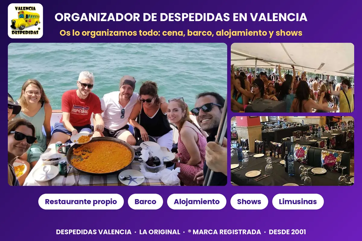 Grupo de amigos comiendo paella en un barco, fiesta con DJ y restaurante preparado para una despedida en Valencia