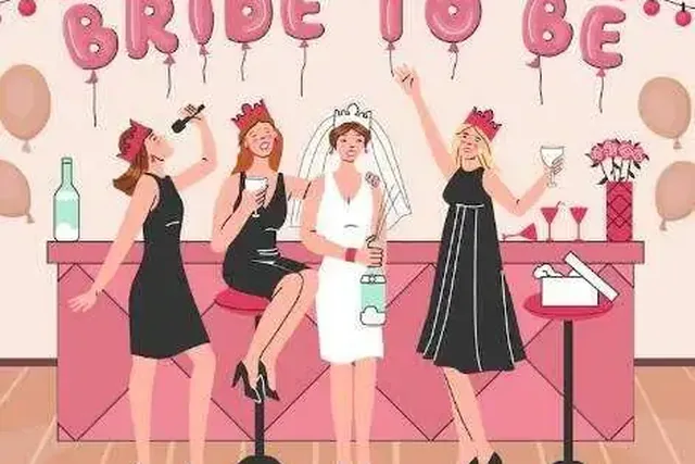 Ilustración de una despedida de soltera con globos y brindis