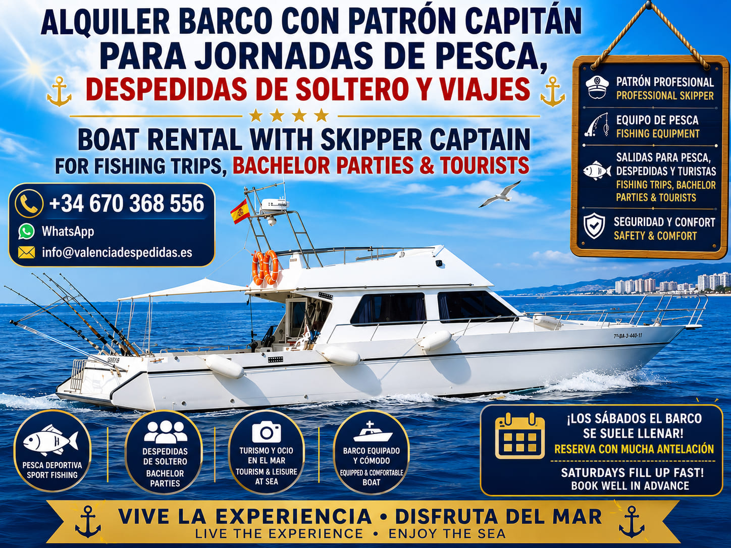 Alquiler de barco privado con patrón en Valencia para grupos
