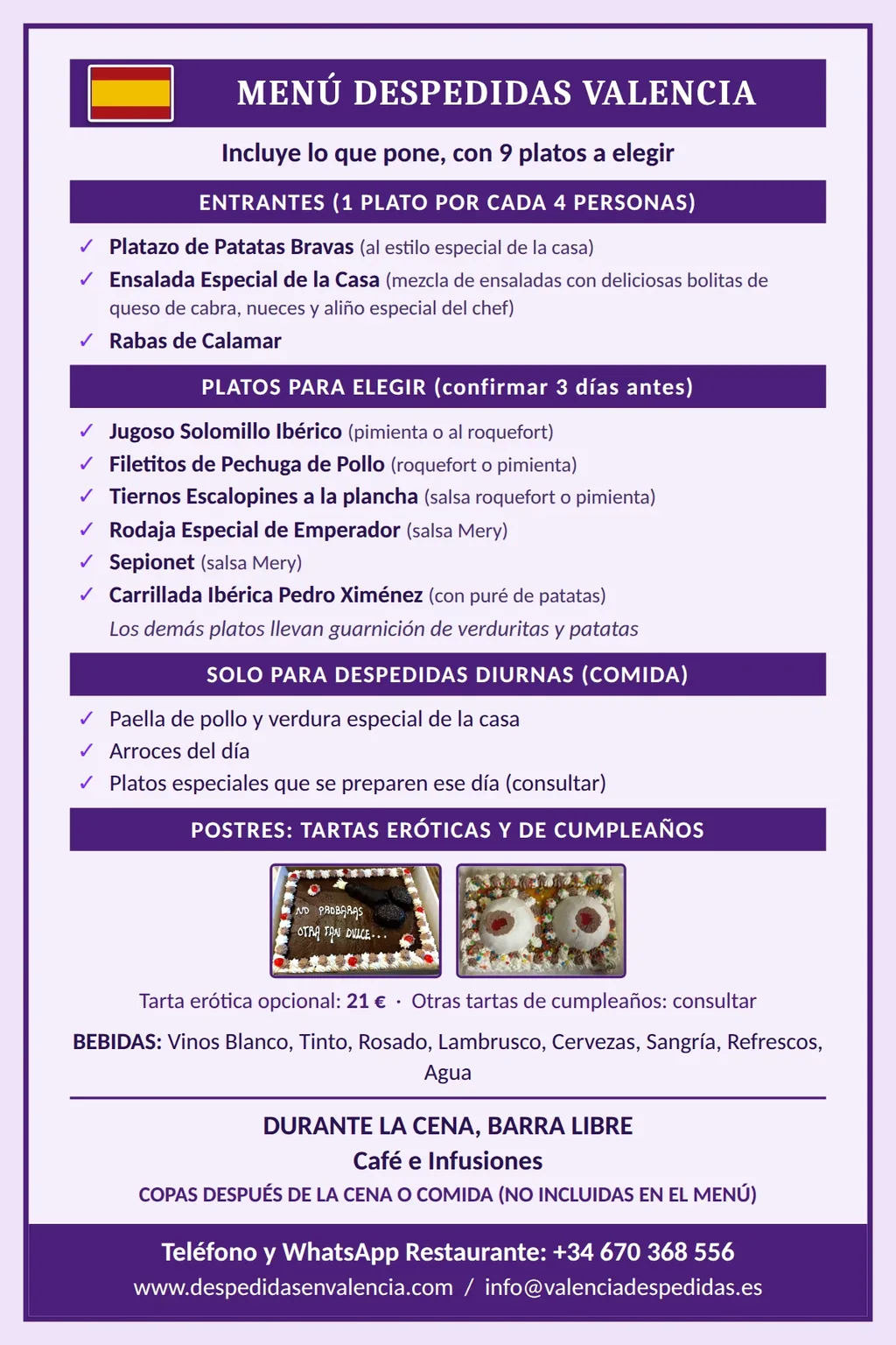 Menú del restaurante con opción de tarta erótica por 21 €