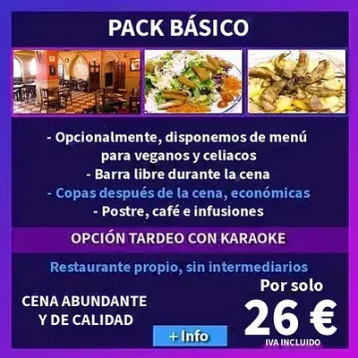 Cena para grupos mixtos desde 26 € Pack Básico de 26 € para despedida mixta: cena completa con barra libre