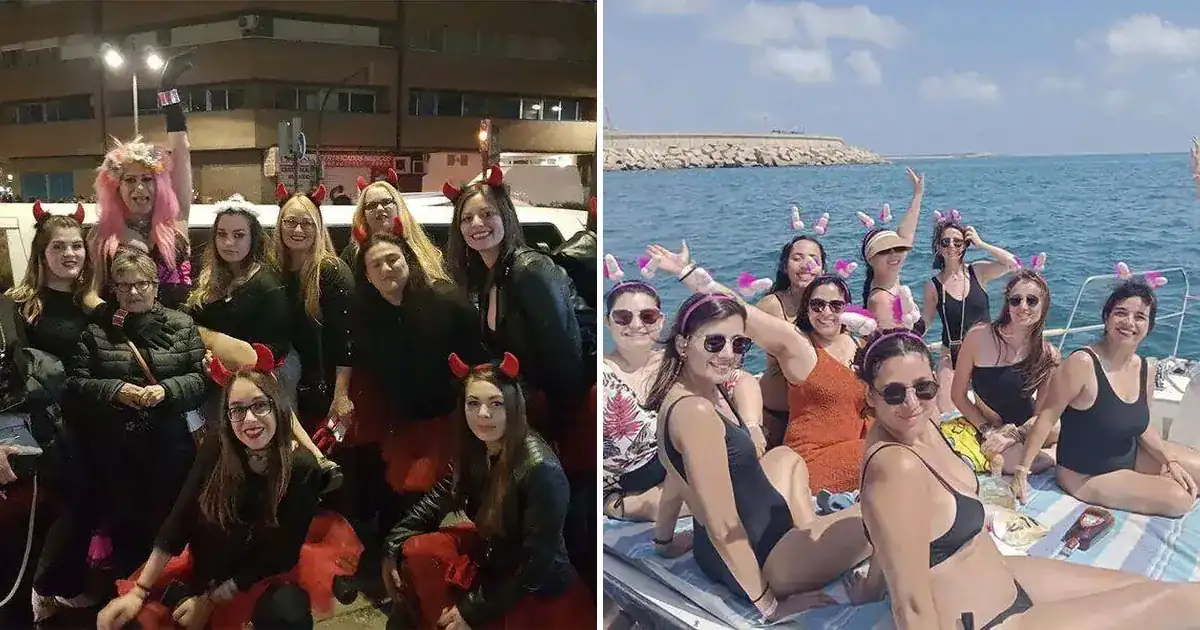 Despedidas mixtas en Valencia: limusina, cena y barco Grupo de despedida junto a la limusina y grupo celebrando en un barco privado en Valencia