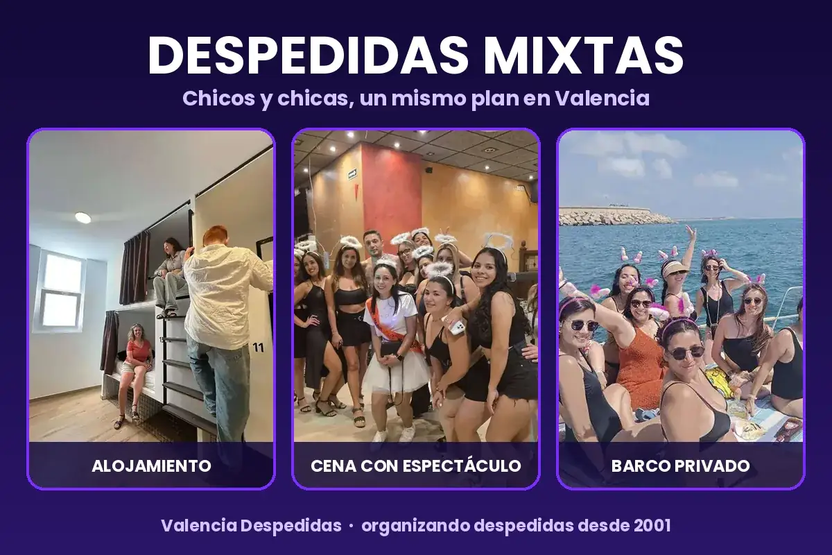 Despedidas mixtas en Valencia con alojamiento, cena con espectáculo y barco privado