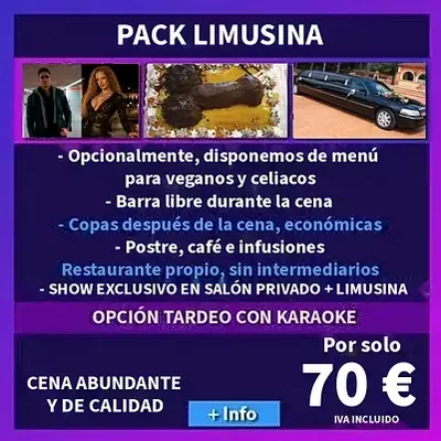 Limusina y cena con show para el grupo Pack Limusina de 70 €: traslado en limusina, cena y show para la despedida mixta