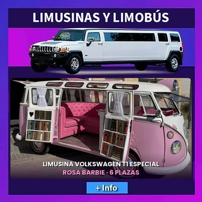 Limusina rosa Barbie Volkswagen T1 de 6 plazas y limusina Hummer blanca para despedidas en Valencia
