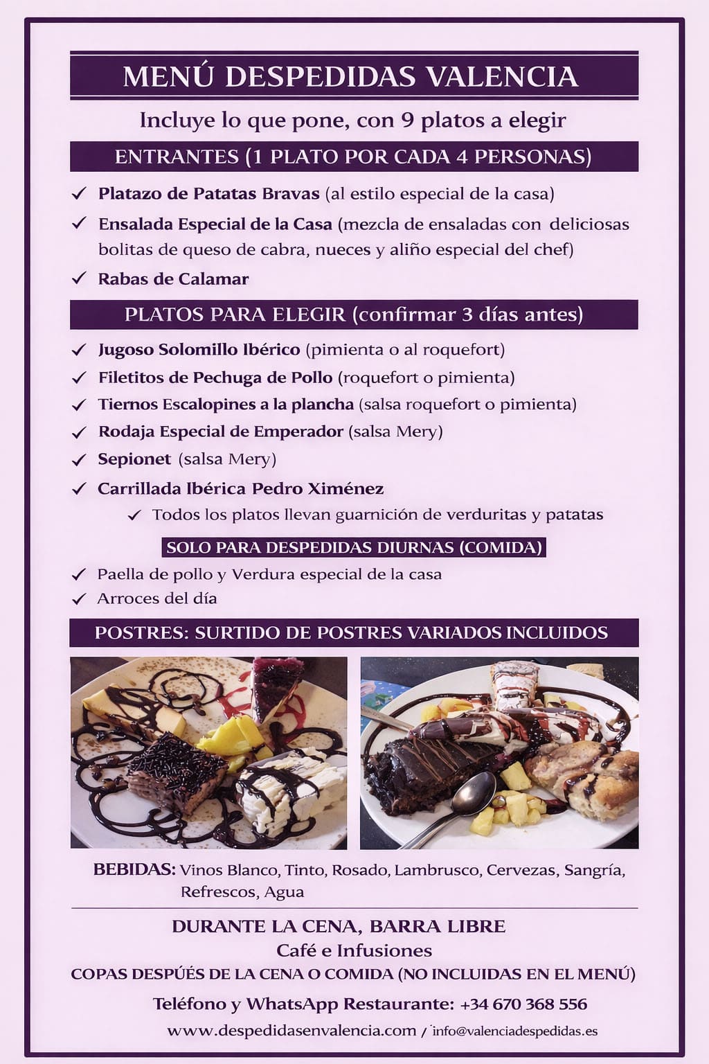 Menú de cena completa para despedidas con opciones a elegir