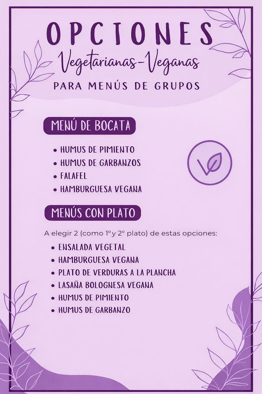 Opciones de menú vegano y alternativas para celíacos bajo petición